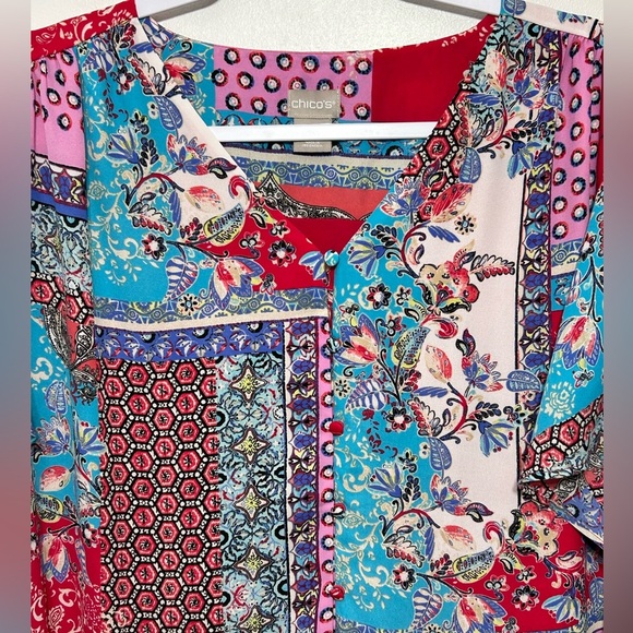 Chicos Patchwork Floral Paisley Peplum Flutter Sleeve Button Up Blouse - Picture 5 of 10